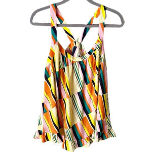 CAbi Tank Top Women's Large Skip Colorful Stripe Flounce Hem Summer Rainbow 5979